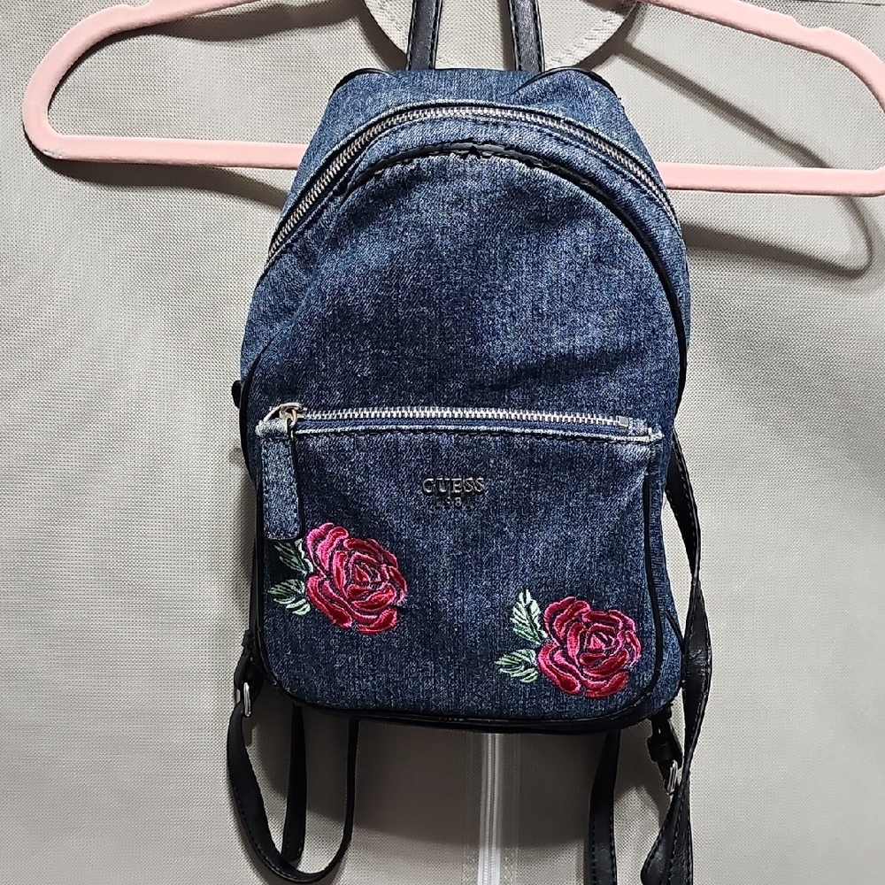 Guess Blue Denim Backpack with Red Floral Design
